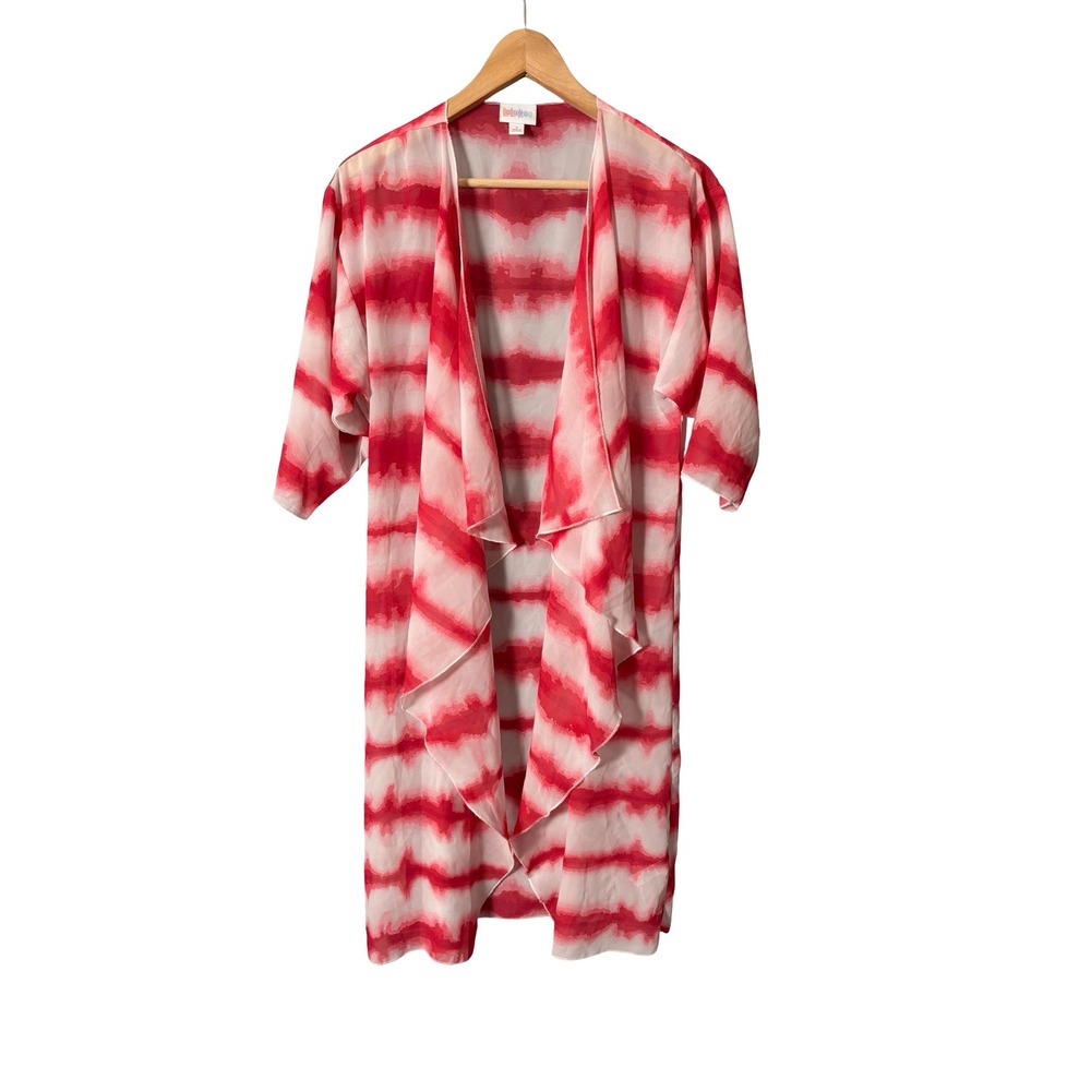 LuLaRoe Lindsay Kimono Size S Red White Tie Dye Stripe‎ Open Front Polyester
